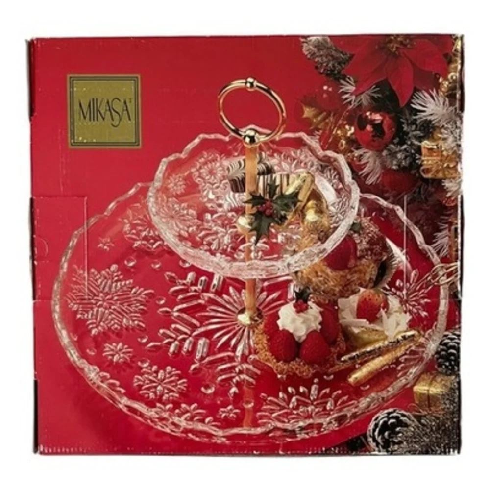 Mikasa Crystal Snowflake 2-Tier Tidbit Server Gold Handle Christmas Germany VG